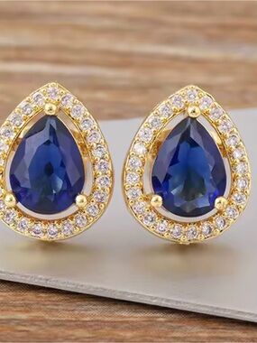 Stunning 18k Gold Plated Teardrop Lab Blue Sapphire Halo Stud Earrings